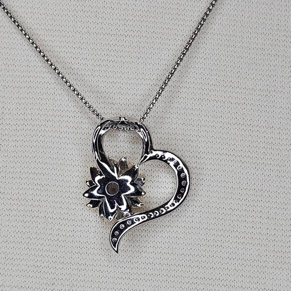 Sunflower Heart Necklace Silvertone Goldtone Clear Rhinestones Appx 21 inches - Picture 3 of 7